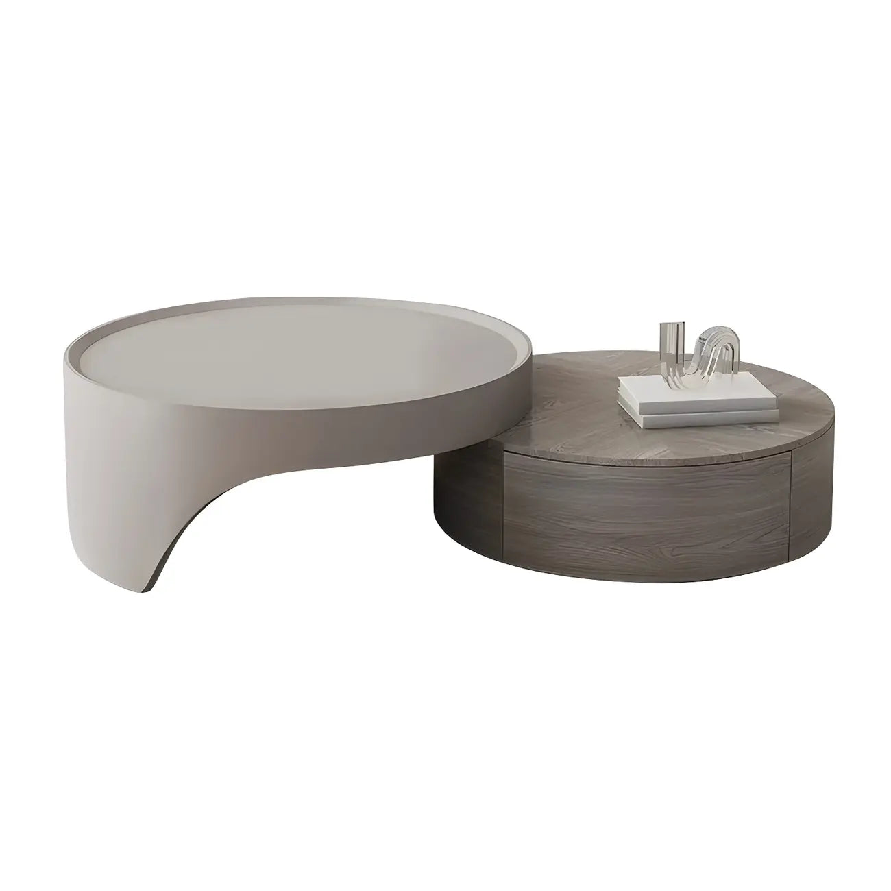 Table basse ronde moderne en bois gris avec tiroir
