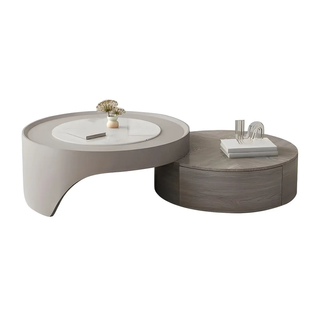 Table basse ronde moderne en bois gris avec tiroir