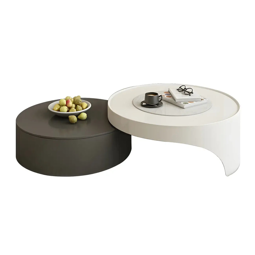 Table basse ronde moderne en bois gris avec tiroir