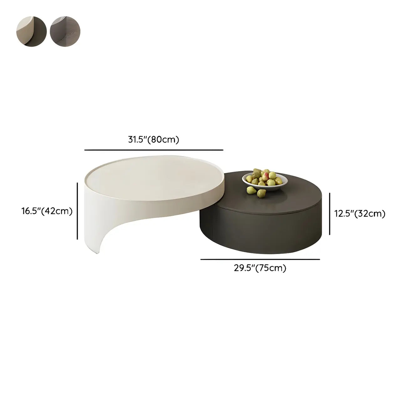 Table basse ronde moderne en bois gris avec tiroir