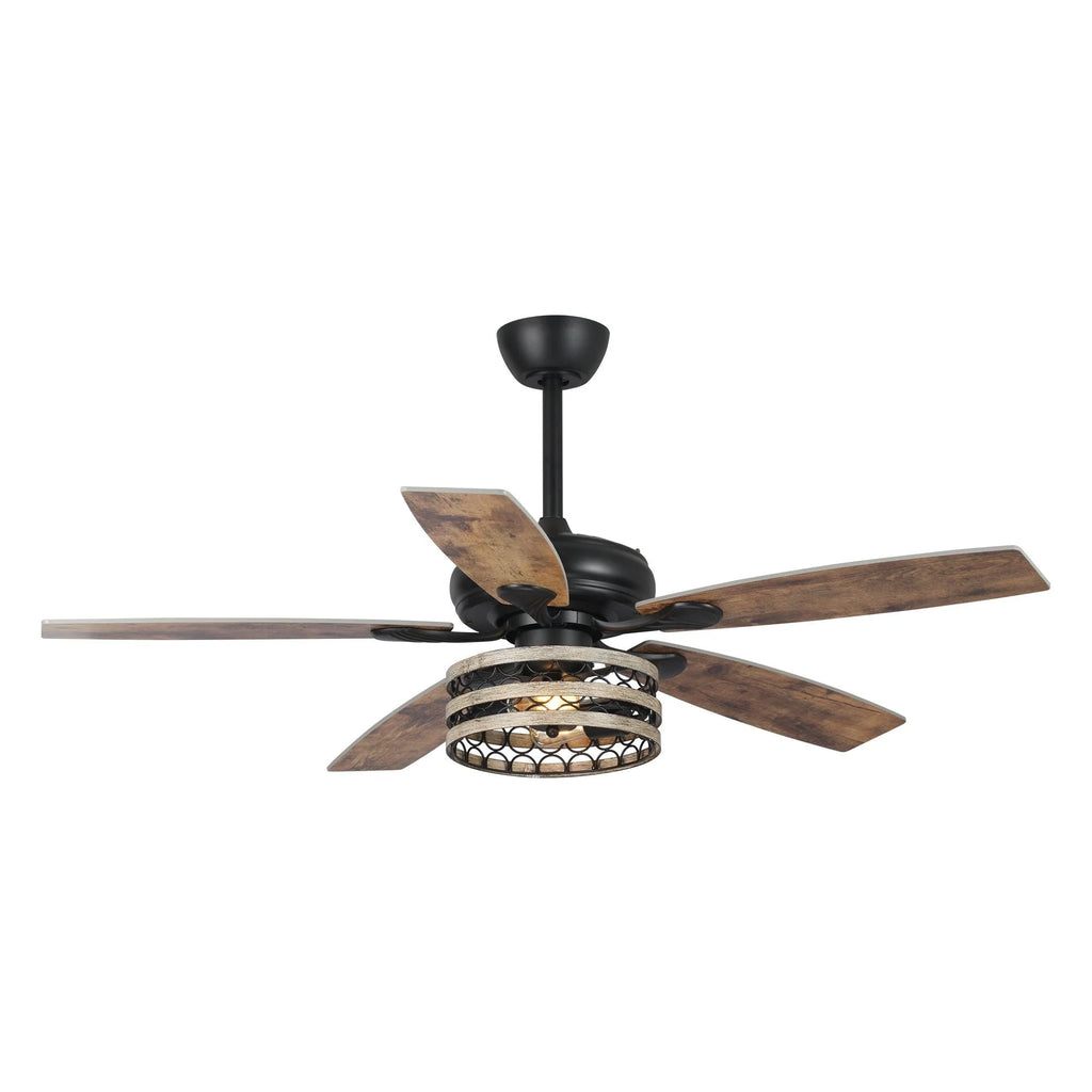 Ventilateur de plafond 5 pales noir à cage, style ferme, avec télécommande