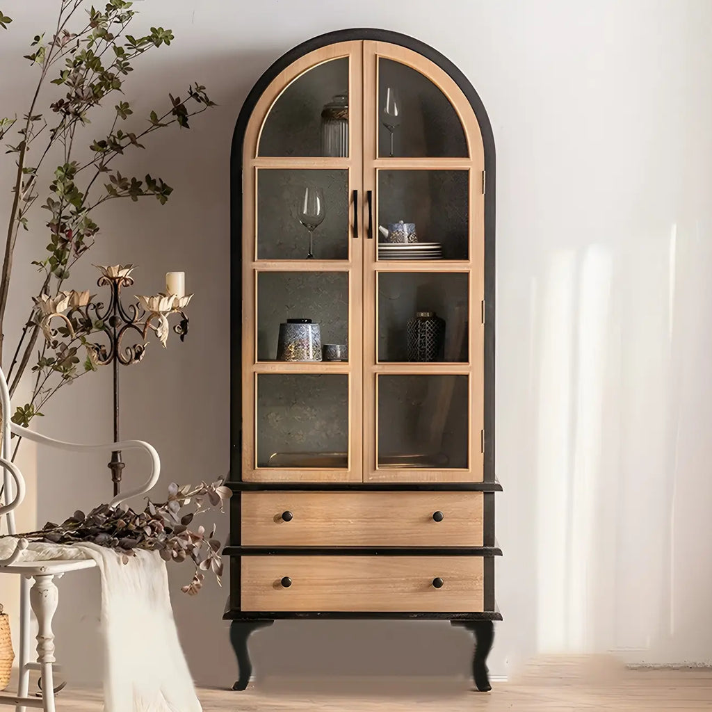 Vitrine moderne cintrée en bois et porte vitrée