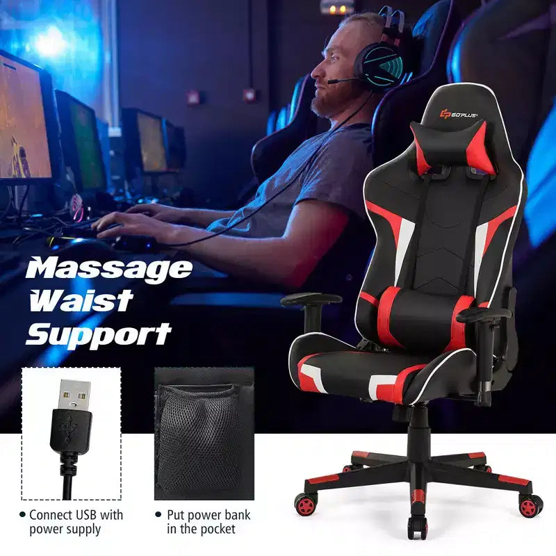 Chaise de bureau de jeu de massage inclinable et pivotante Costway avec support lombaire
