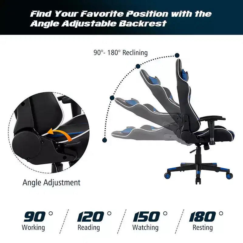 Chaise de bureau de jeu de massage inclinable et pivotante Costway avec support lombaire