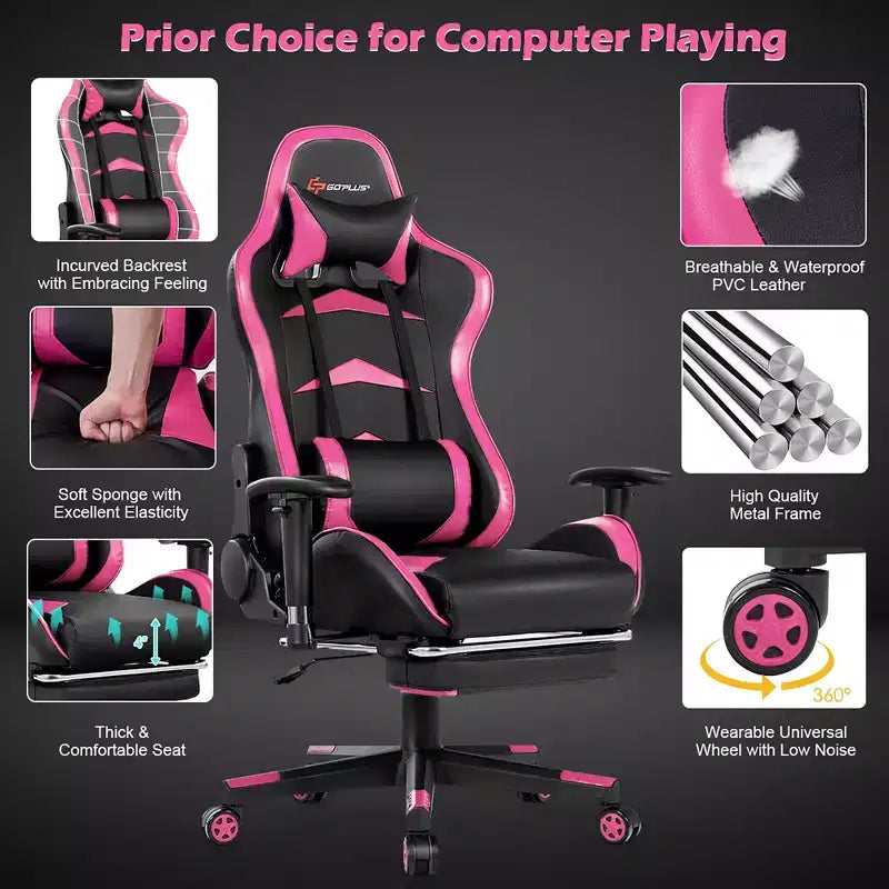 Chaise de bureau de massage gamer inclinable et pivotante Costway Racing avec repose-pieds