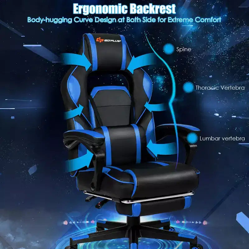 Costway Fauteuil de Massage Gaming Inclinable, Fauteuil de Bureau de Course pour Ordinateur avec Repose-Pieds Blanc/Noir/Bleu/Rouge