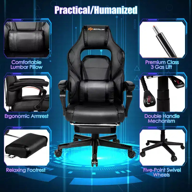 Costway Fauteuil de Massage Gaming Inclinable, Fauteuil de Bureau de Course pour Ordinateur avec Repose-Pieds Blanc/Noir/Bleu/Rouge