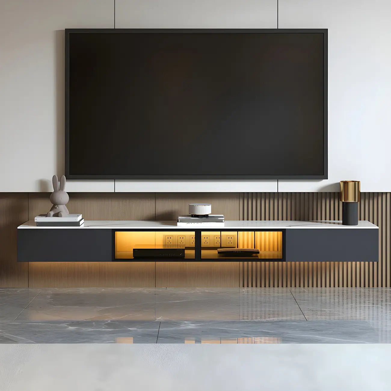 Meuble TV suspendu en bois glamour avec plateau en marbre pour salon