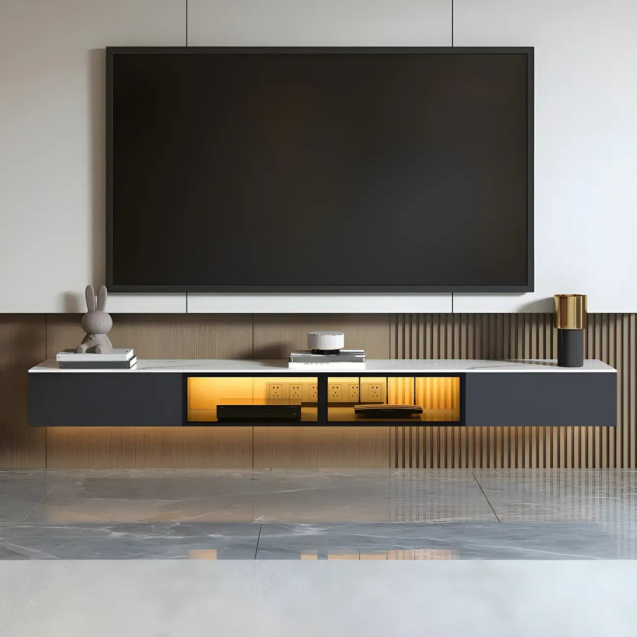 Meuble TV suspendu en bois glamour avec plateau en marbre pour salon