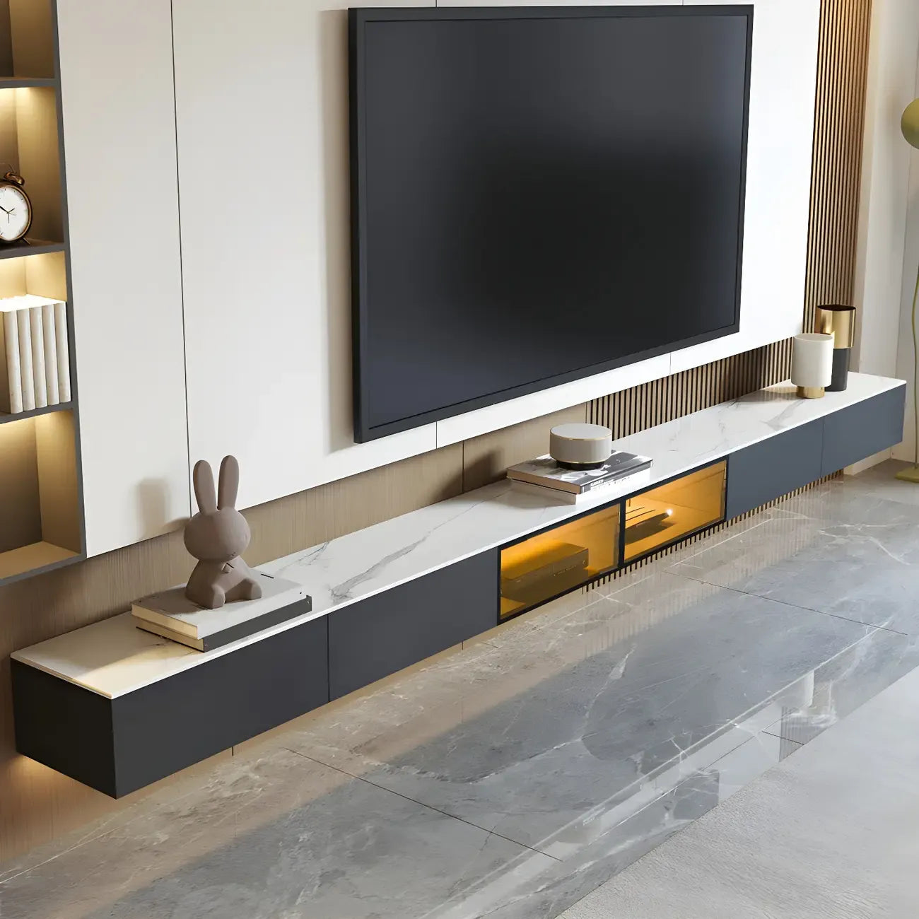 Meuble TV suspendu en bois glamour avec plateau en marbre pour salon