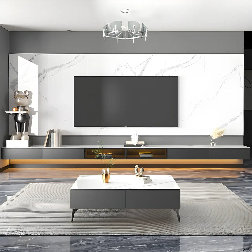 Meuble TV suspendu en bois glamour avec plateau en marbre pour salon