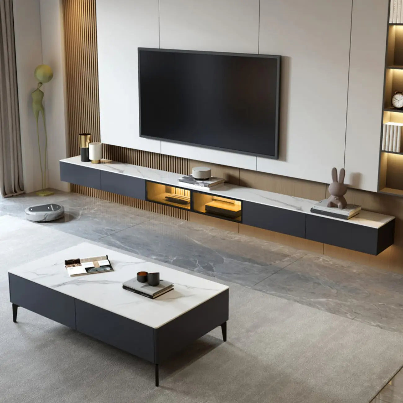 Meuble TV suspendu en bois glamour avec plateau en marbre pour salon