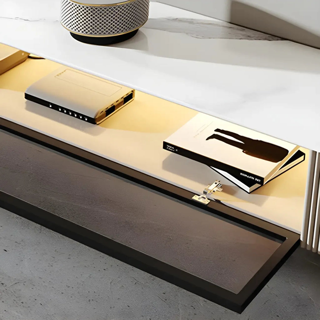 Meuble TV suspendu en bois glamour avec plateau en marbre pour salon