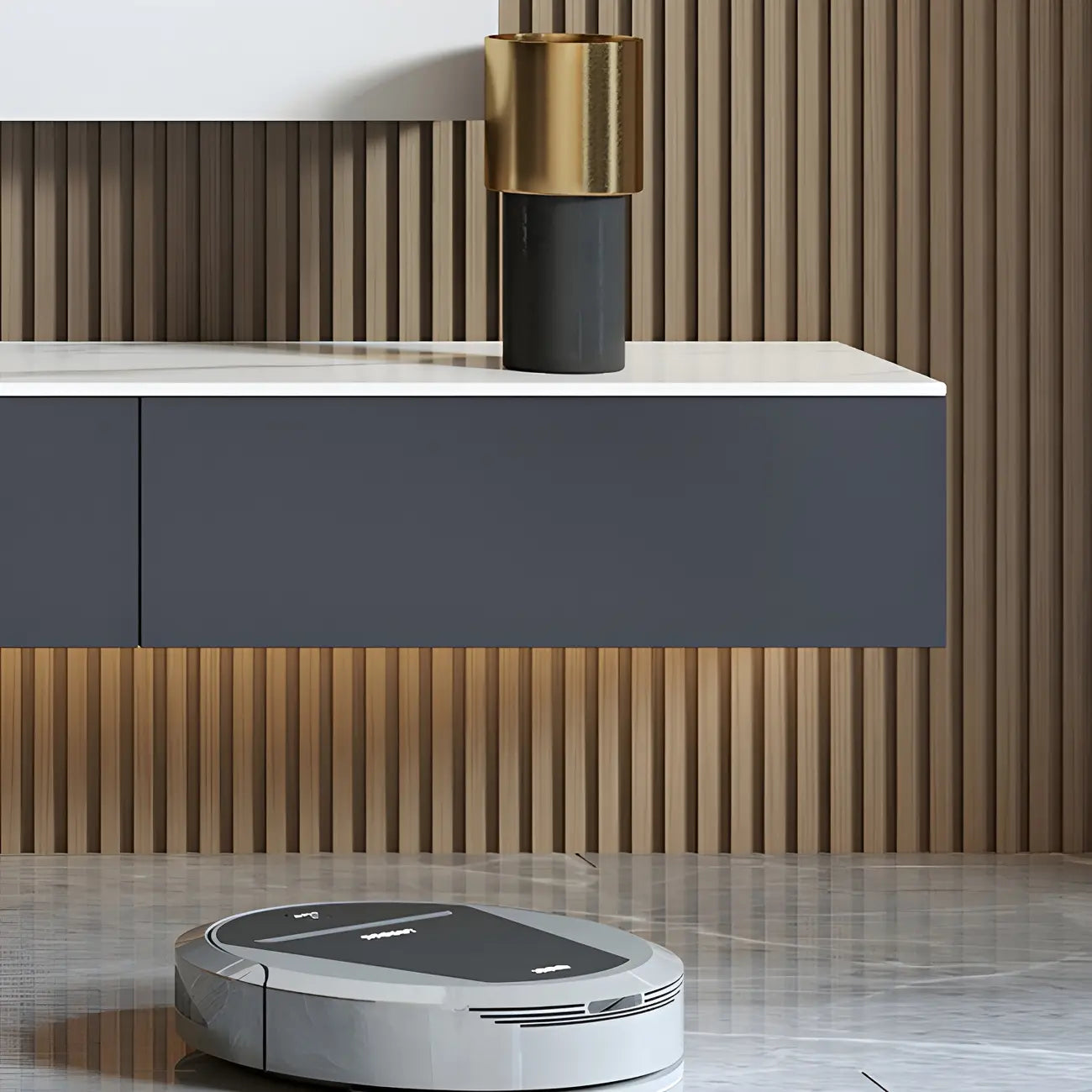 Meuble TV suspendu en bois glamour avec plateau en marbre pour salon
