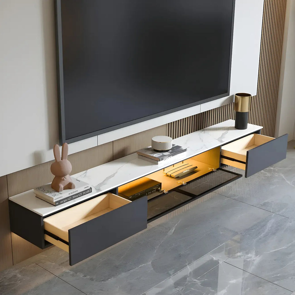 Meuble TV suspendu en bois glamour avec plateau en marbre pour salon