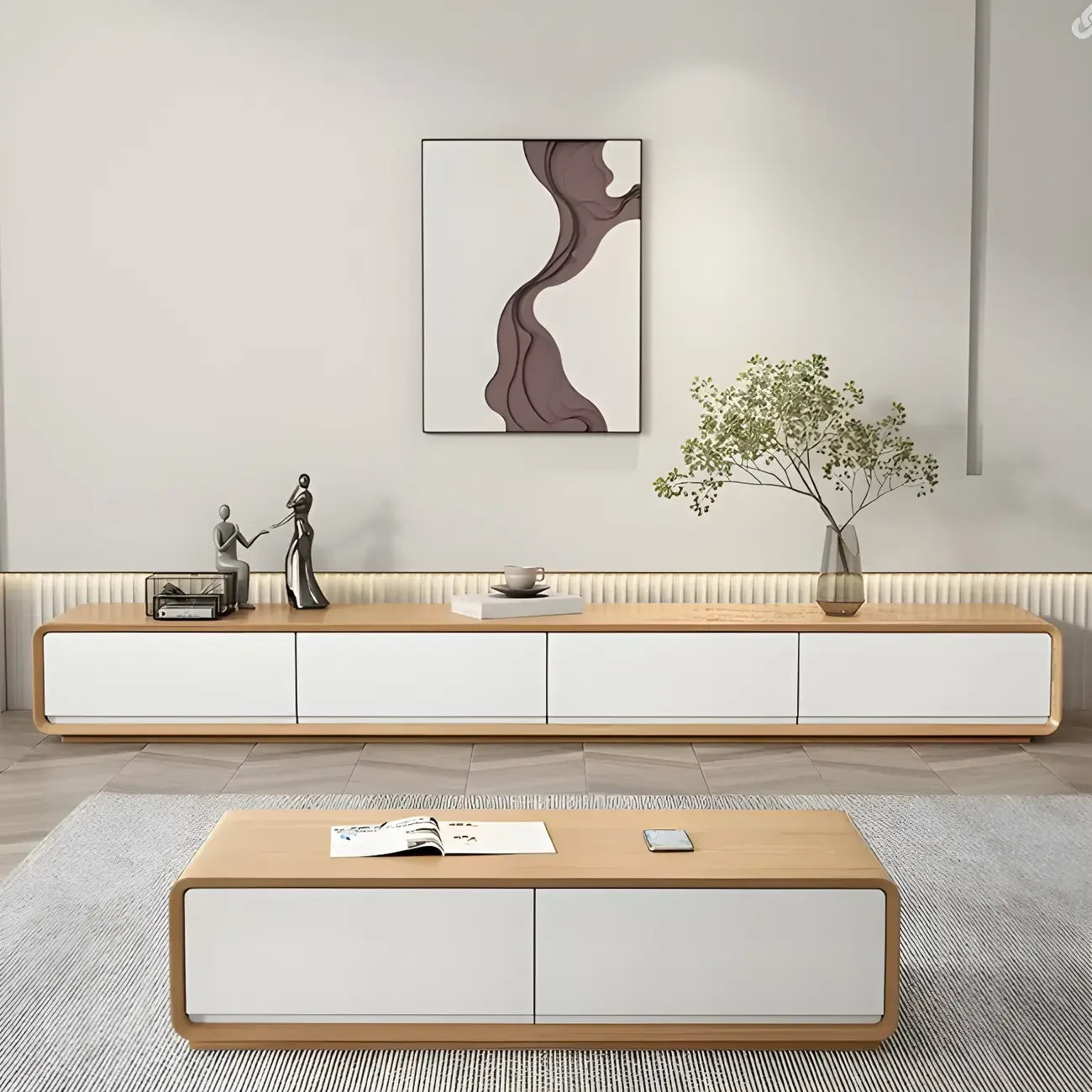 Mobile TV sospeso lungo 79, in legno naturale, con cassetti