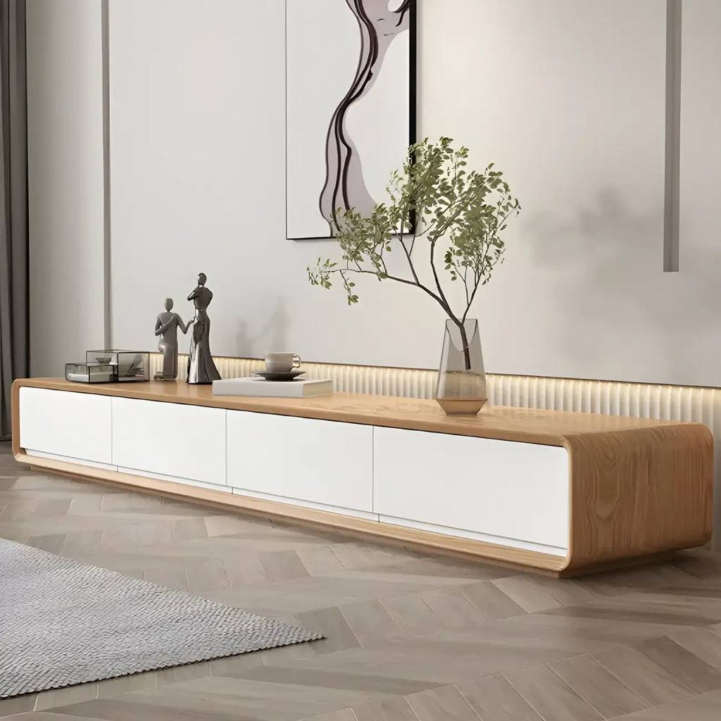 Mobile TV sospeso lungo 79, in legno naturale, con cassetti