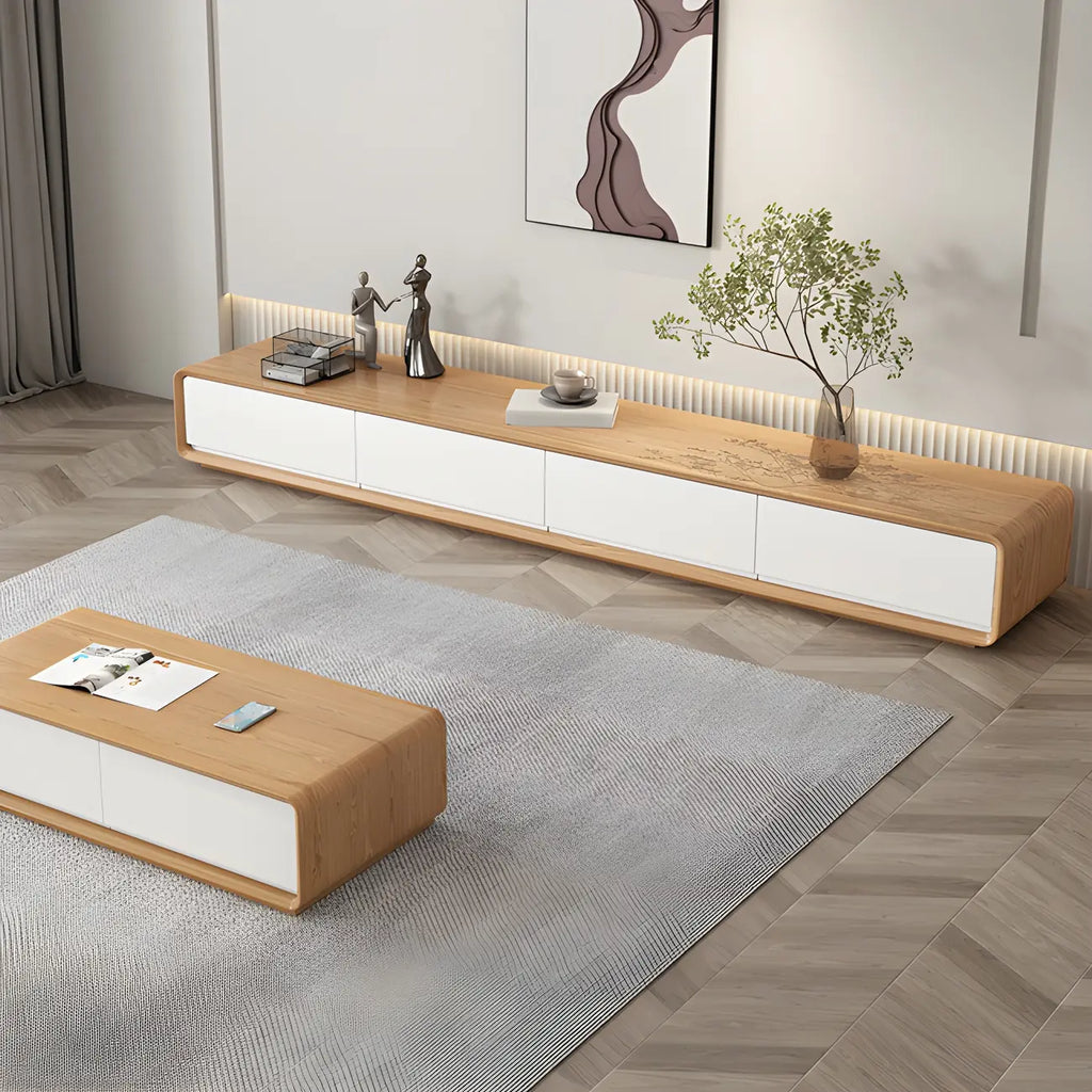 Mobile TV sospeso lungo 79, in legno naturale, con cassetti