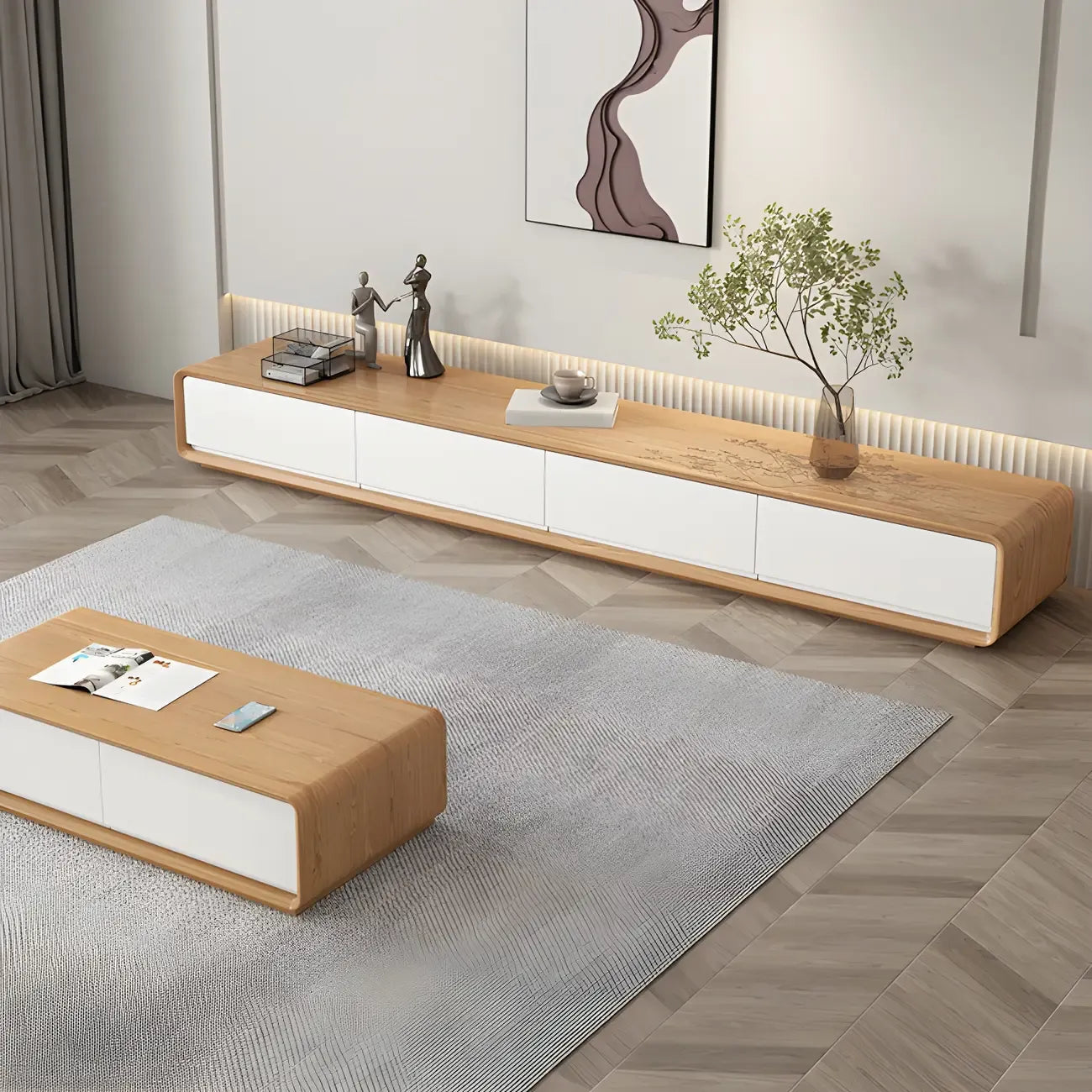 Mobile TV sospeso lungo 79, in legno naturale, con cassetti