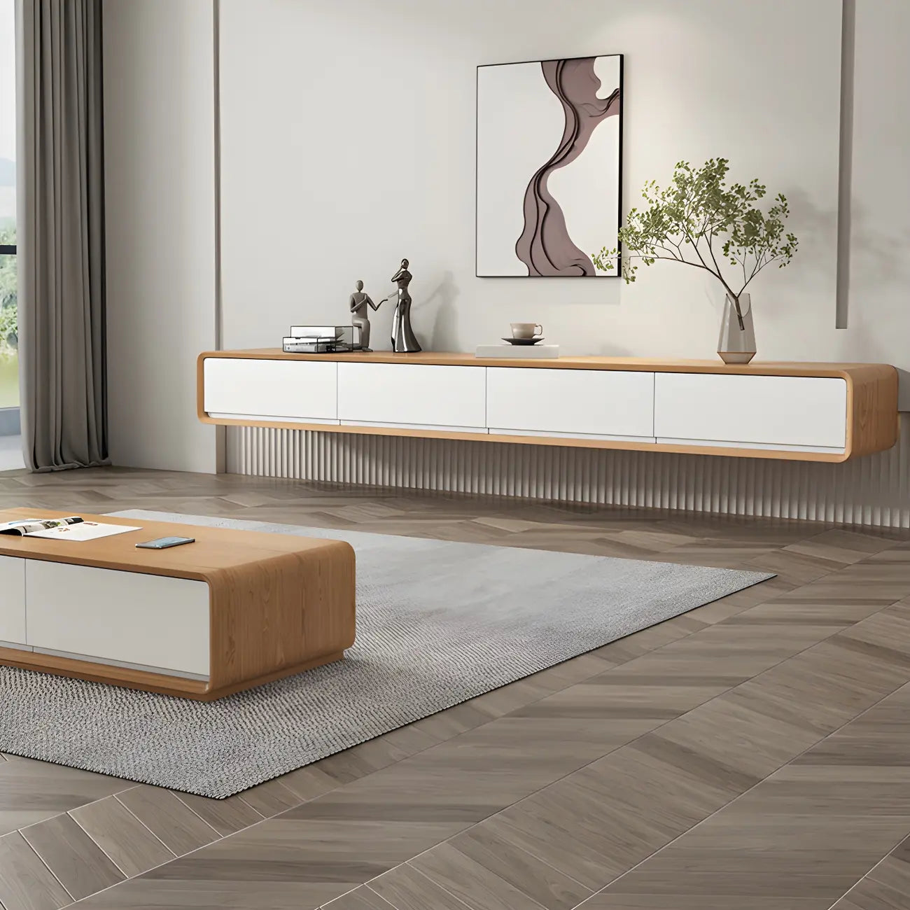 Mobile TV sospeso lungo 79, in legno naturale, con cassetti