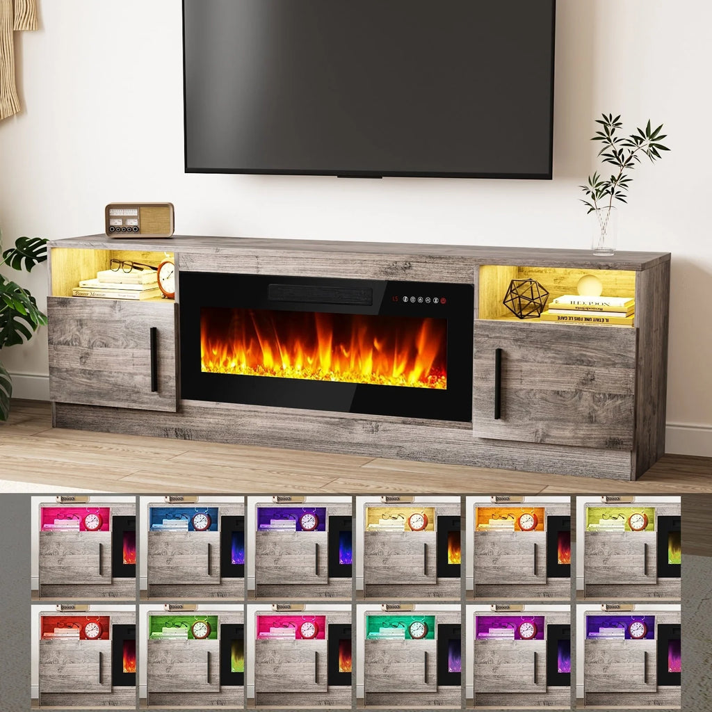 Meuble TV Bossin 70 avec cheminée électrique 36 pouces, compatible avec les téléviseurs jusqu'à 80 pouces, éclairage LED 16 couleurs/centre multimédia