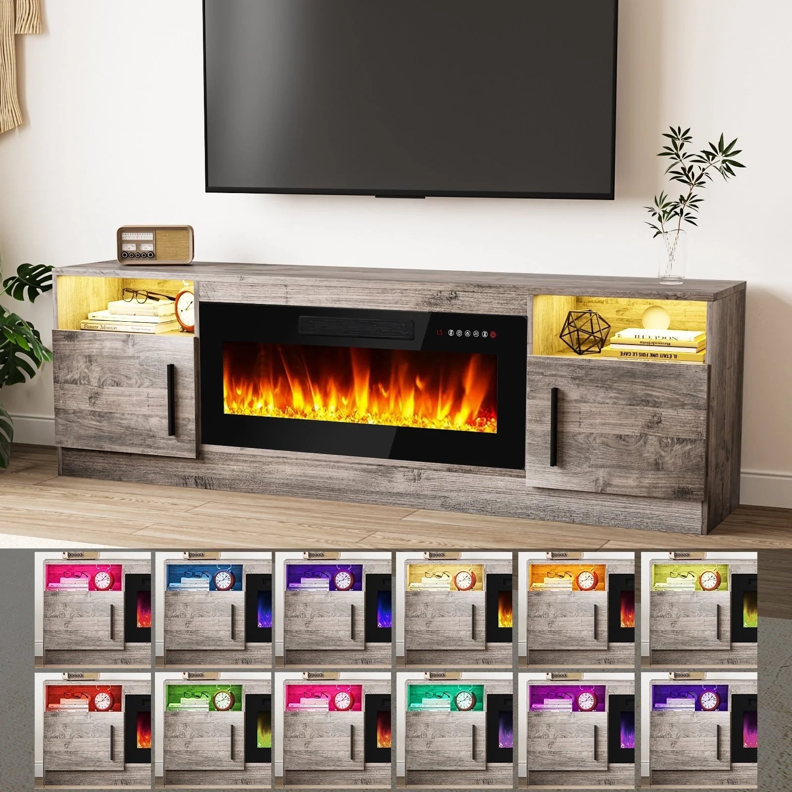 Meuble TV Bossin 70 avec cheminée électrique 36 pouces, compatible avec les téléviseurs jusqu'à 80 pouces, éclairage LED 16 couleurs/centre multimédia