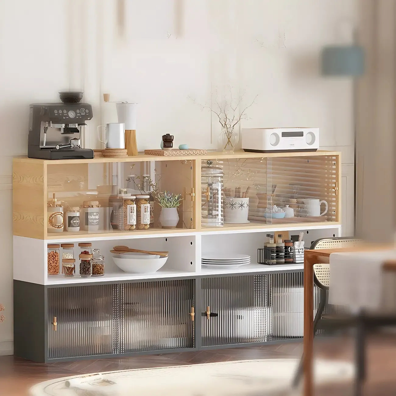 Vitrine rectangulaire en bois et porte vitrée pour salon