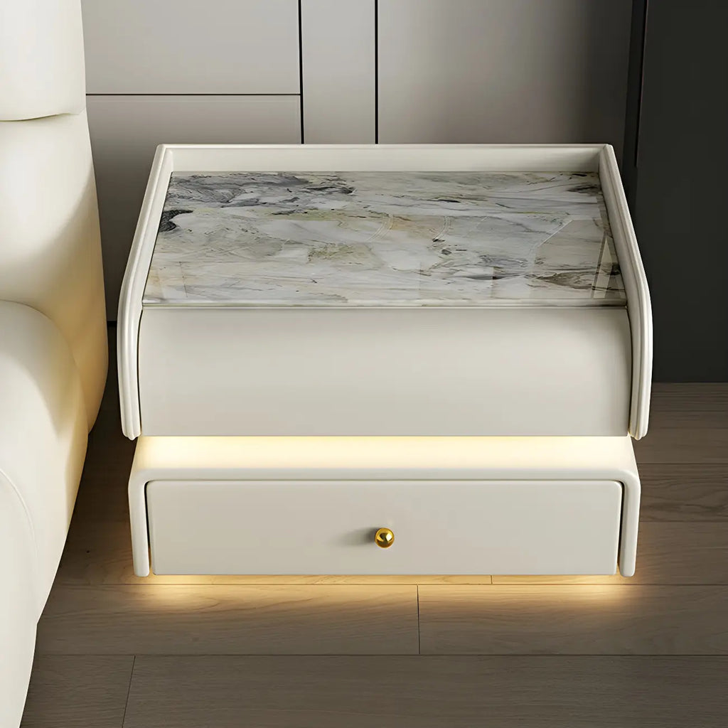 Table de chevet avec tiroir et plateau en marbre noir et LED