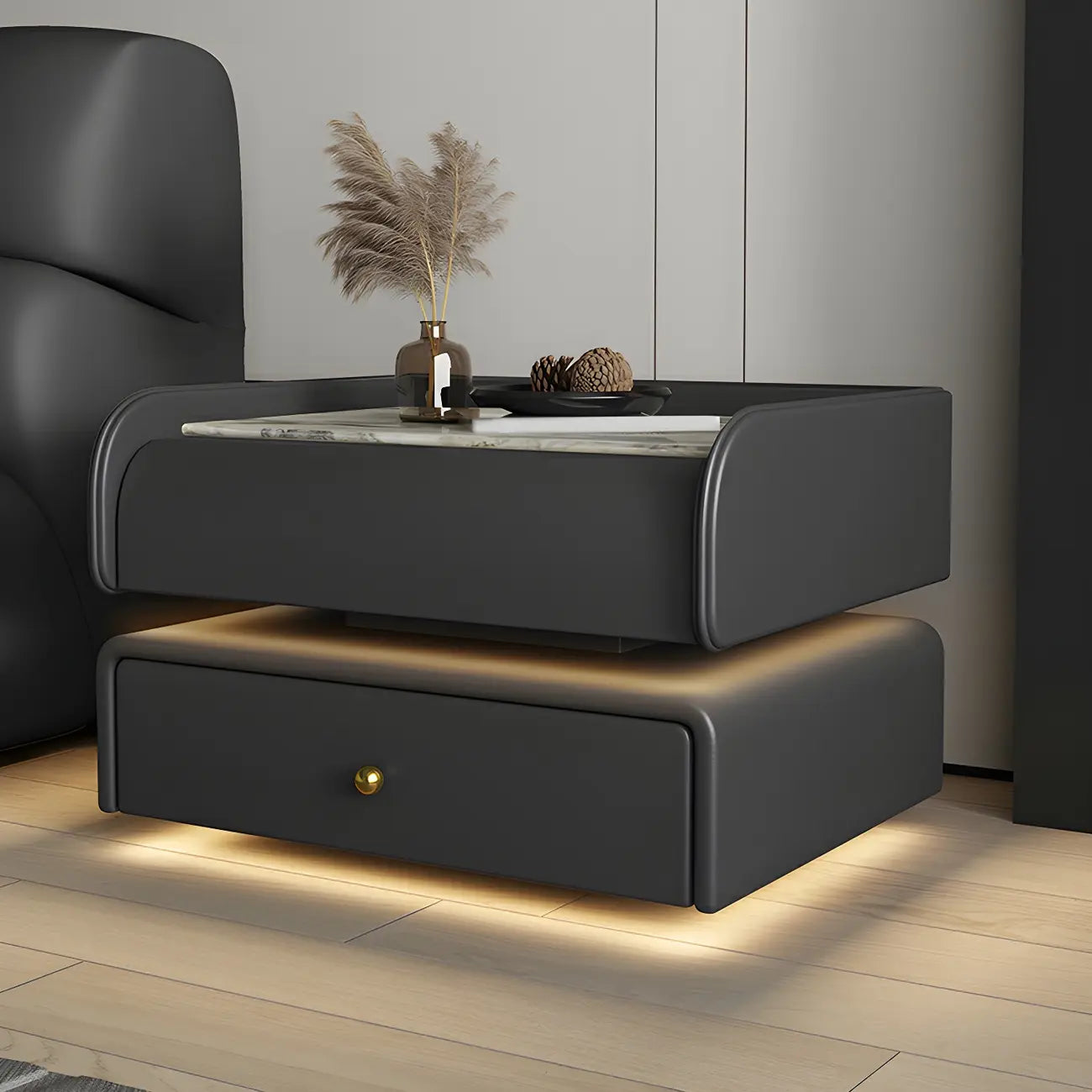 Table de chevet avec tiroir et plateau en marbre noir et LED