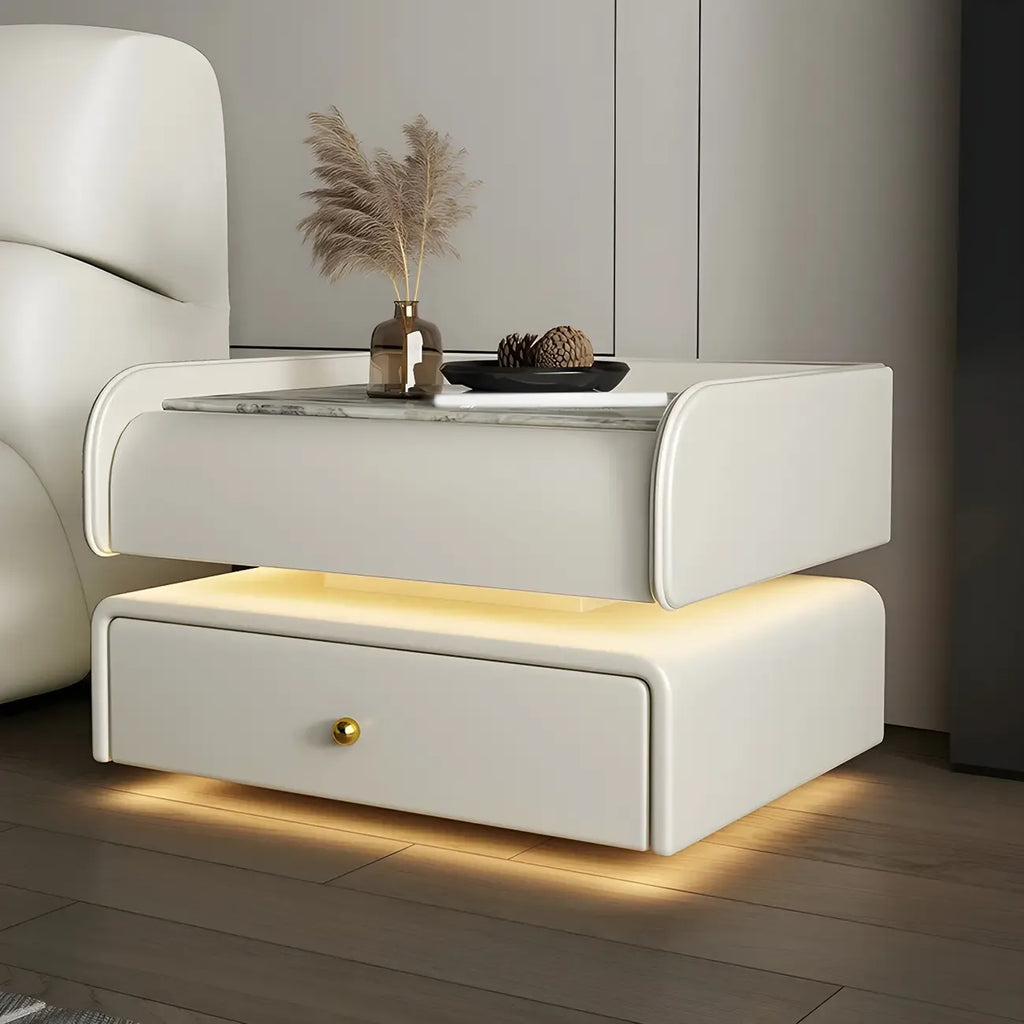 Table de chevet avec tiroir et plateau en marbre noir et LED