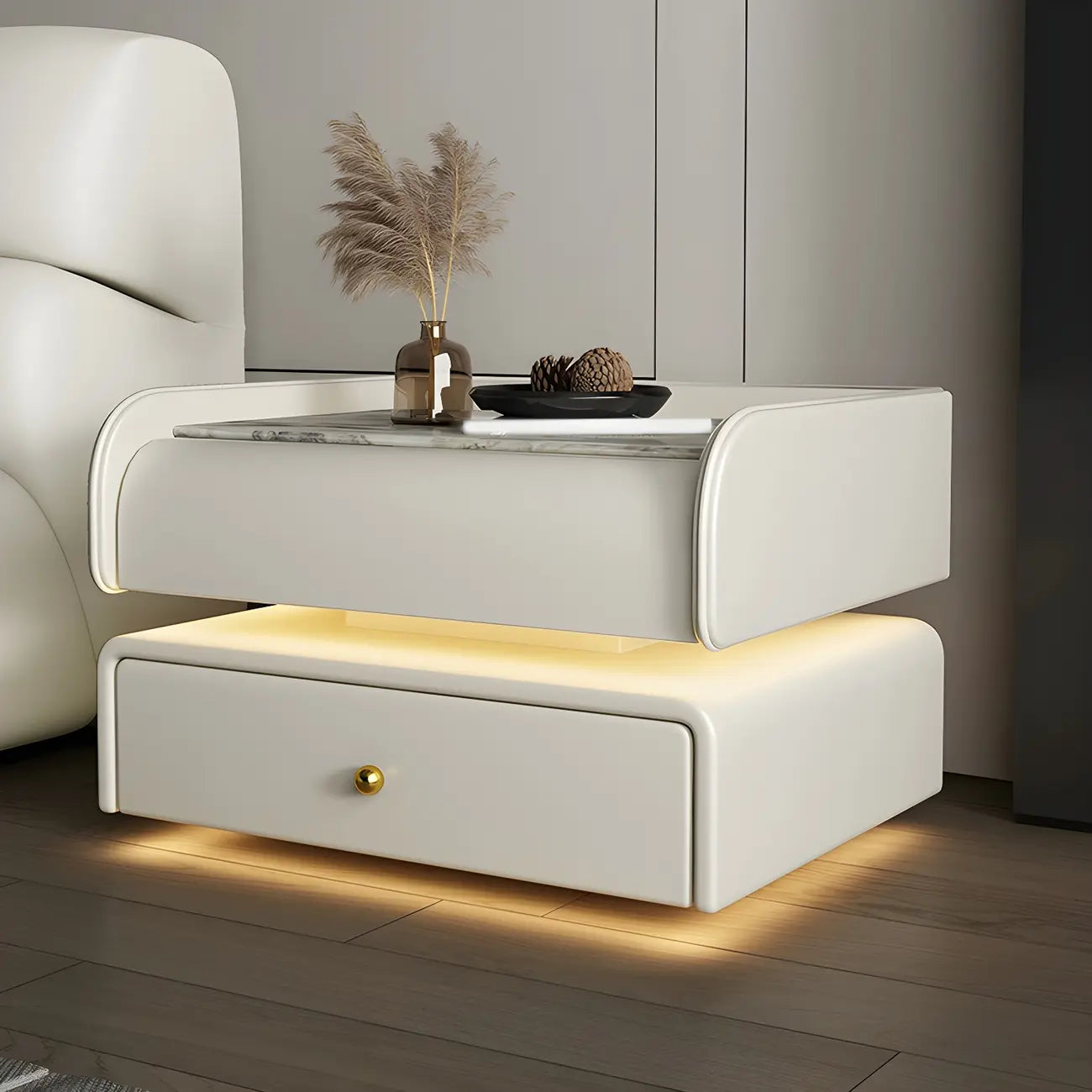 Table de chevet avec tiroir et plateau en marbre noir et LED