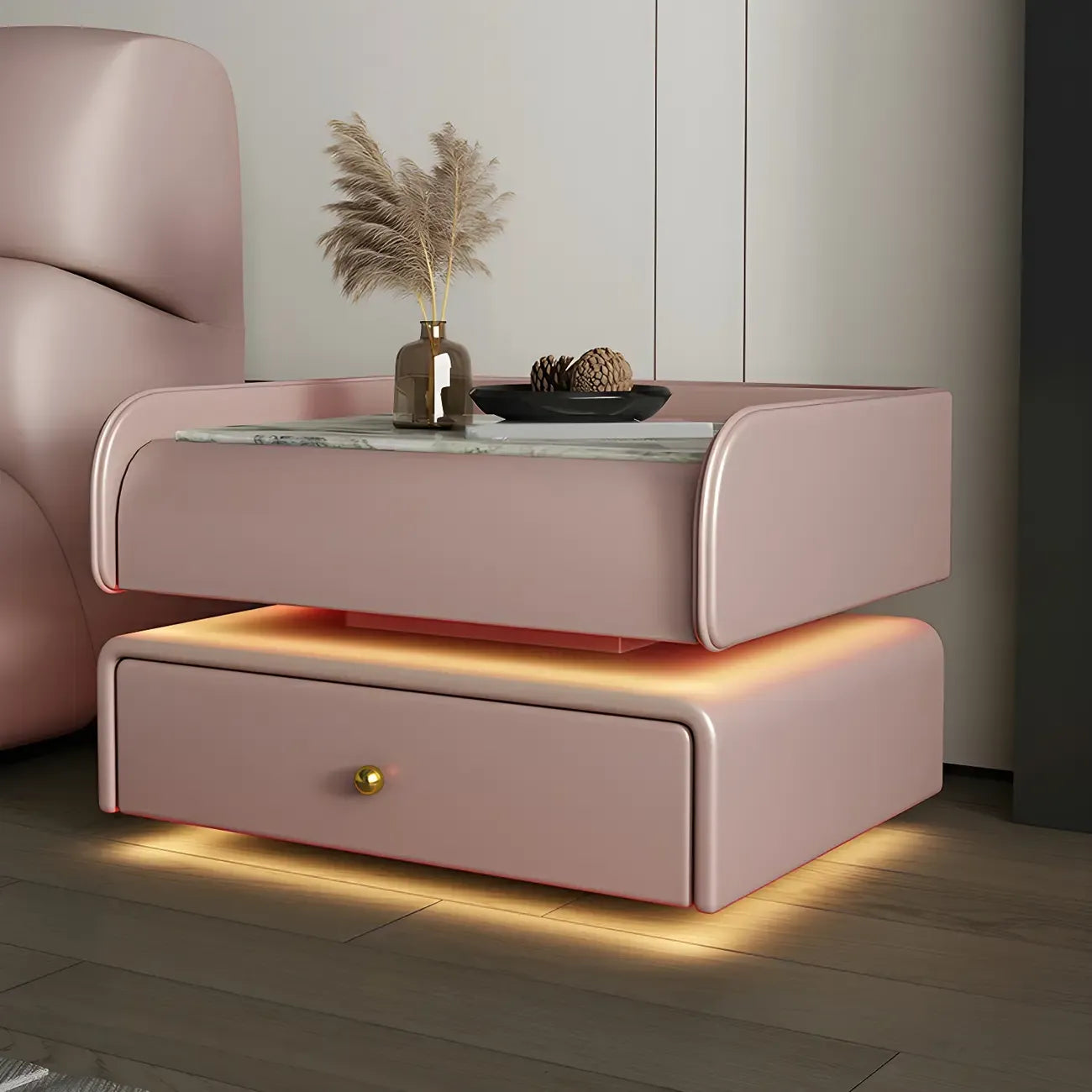 Table de chevet avec tiroir et plateau en marbre noir et LED