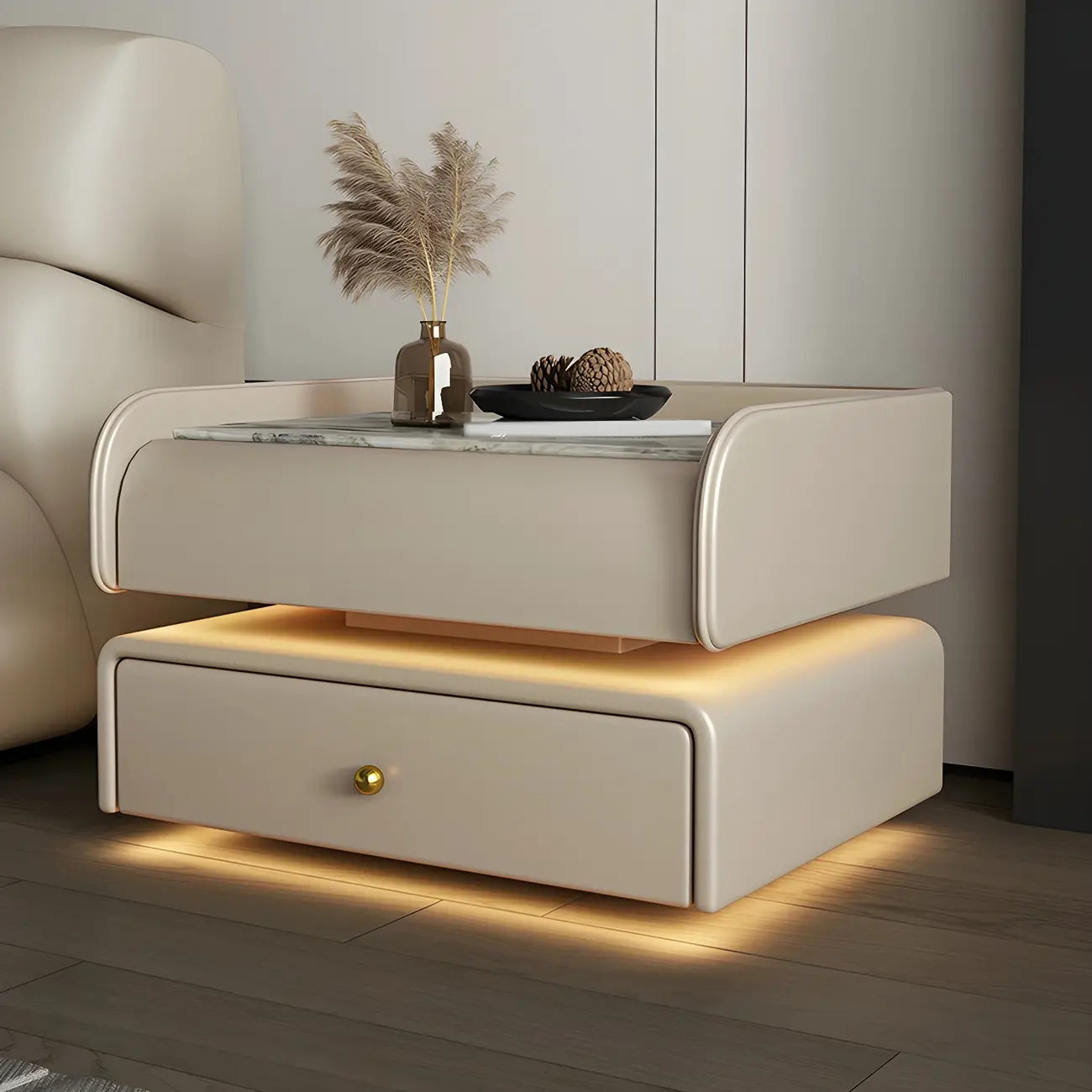 Table de chevet avec tiroir et plateau en marbre noir et LED