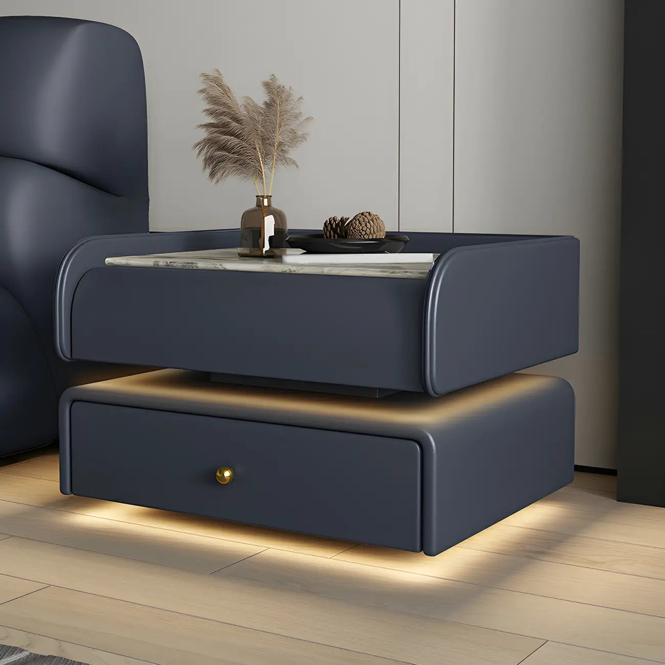 Table de chevet avec tiroir et plateau en marbre noir et LED