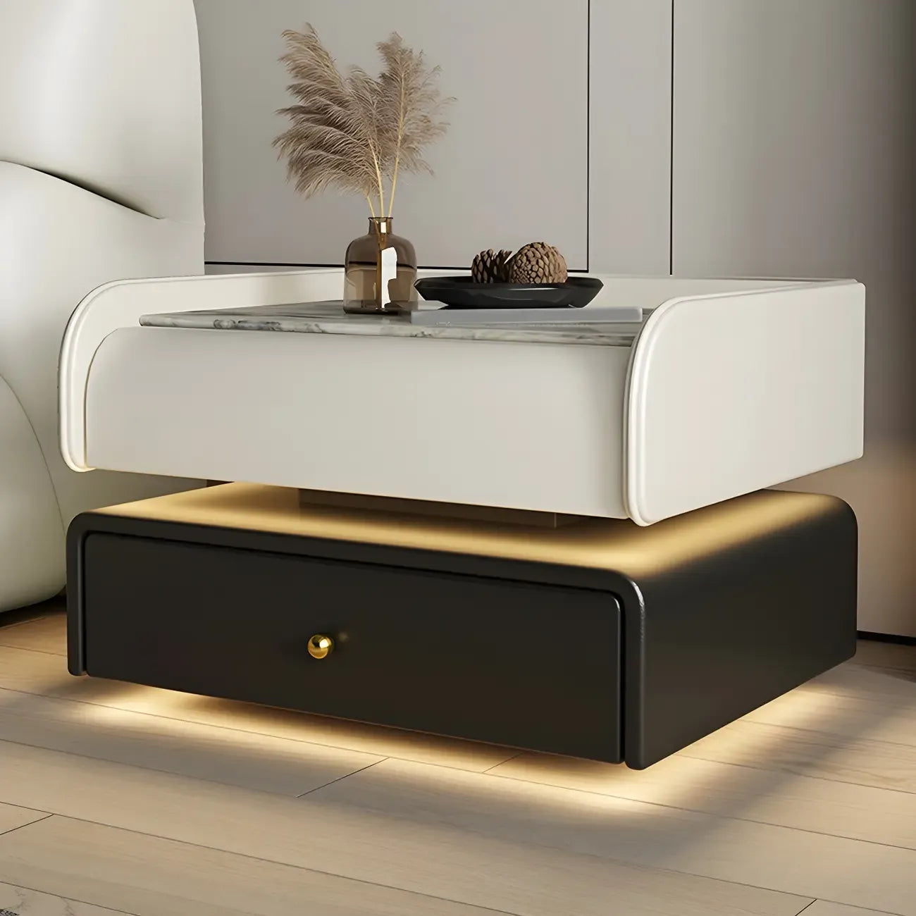 Table de chevet avec tiroir et plateau en marbre noir et LED
