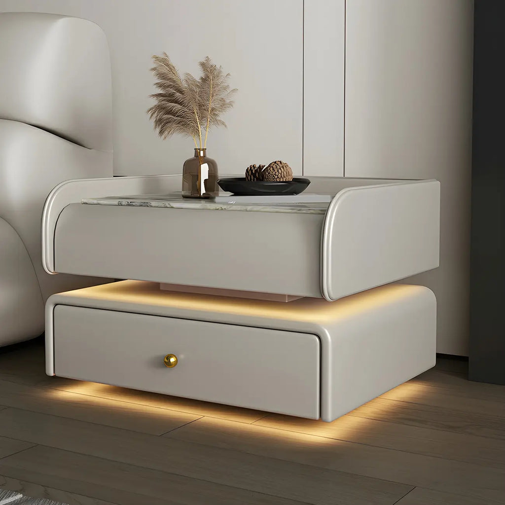 Table de chevet avec tiroir et plateau en marbre noir et LED