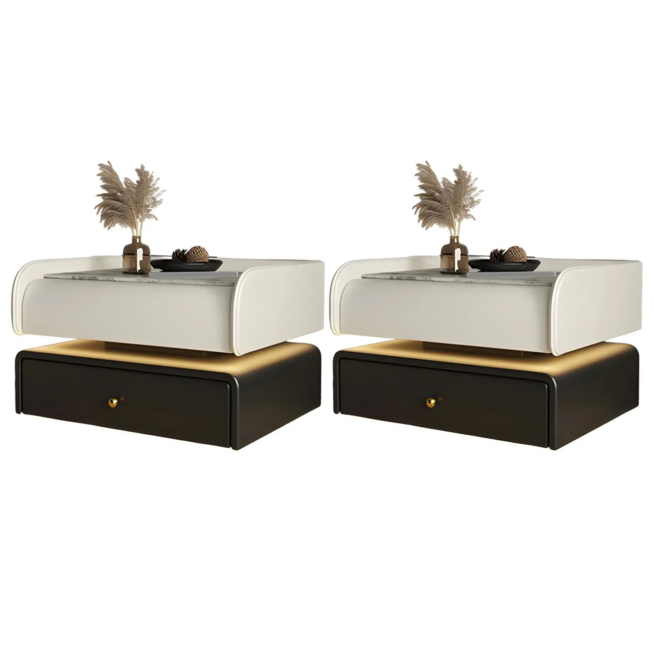 Table de chevet avec tiroir et plateau en marbre noir et LED