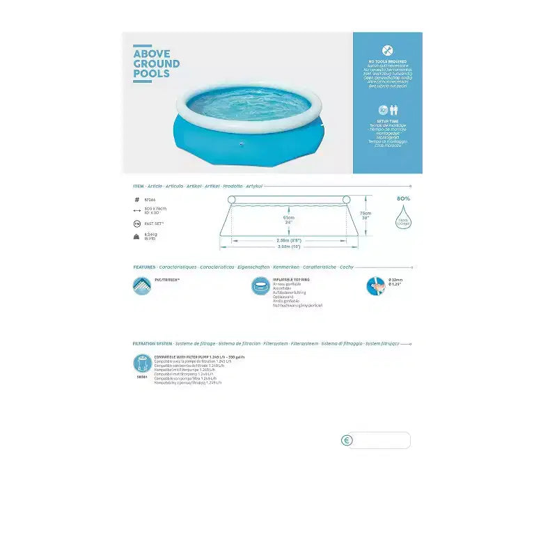 Piscine Central ronde gonflable facile à monter de 3,05 m pour enfants avec pompe de filtration