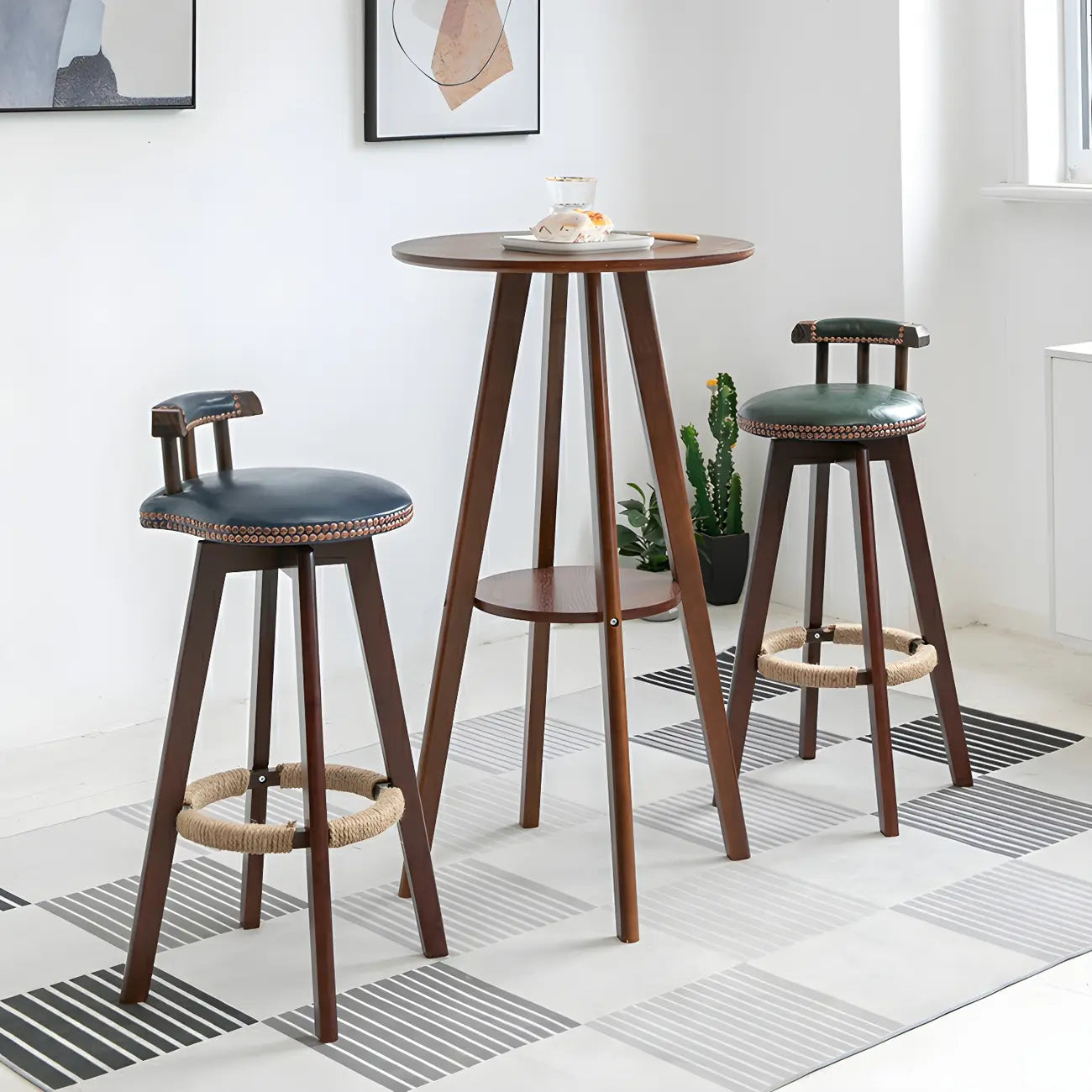 Table de bar ronde minimaliste à deux niveaux en bois, hauteur petite