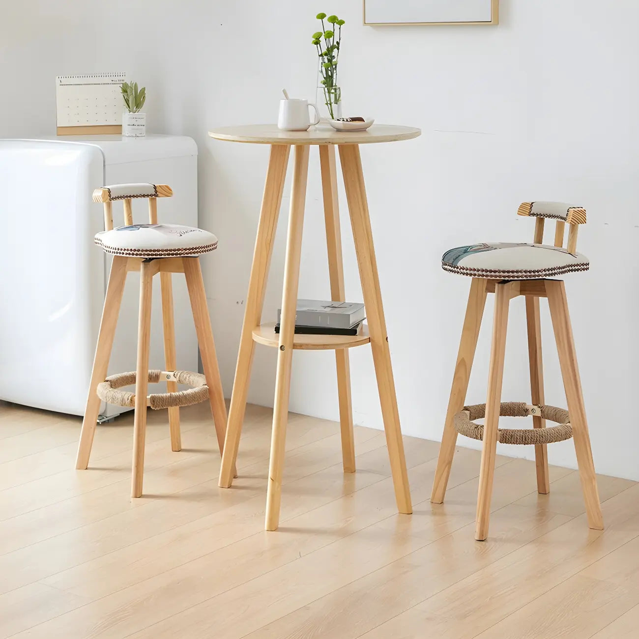 Table de bar ronde minimaliste à deux niveaux en bois, hauteur petite