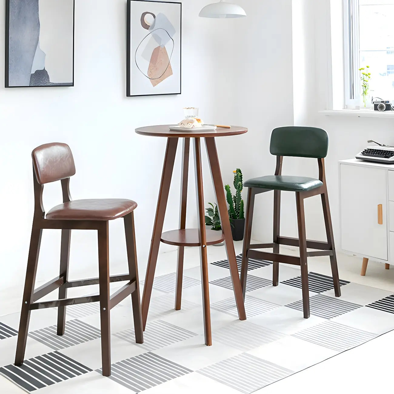 Table de bar ronde minimaliste à deux niveaux en bois, hauteur petite