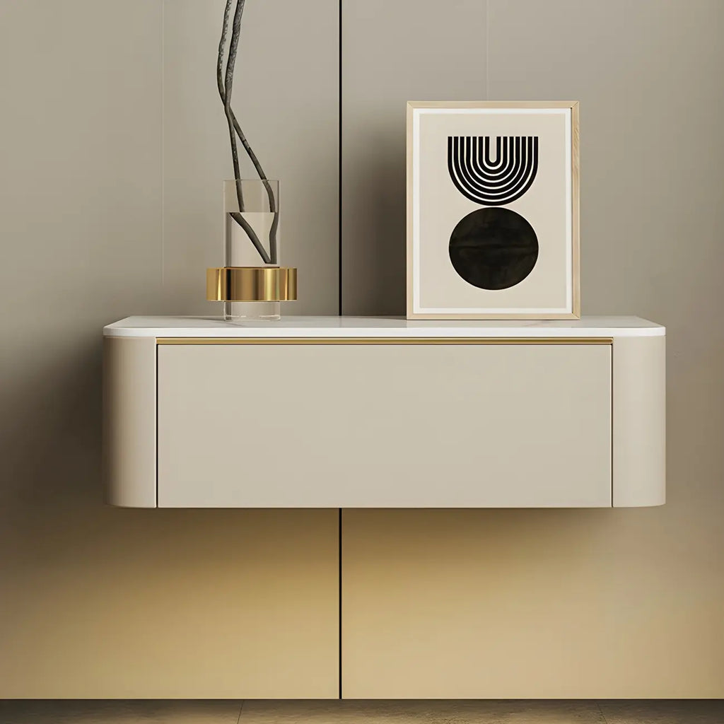 Table de chevet flottante basse en cuir beige avec plateau en pierre et tiroir