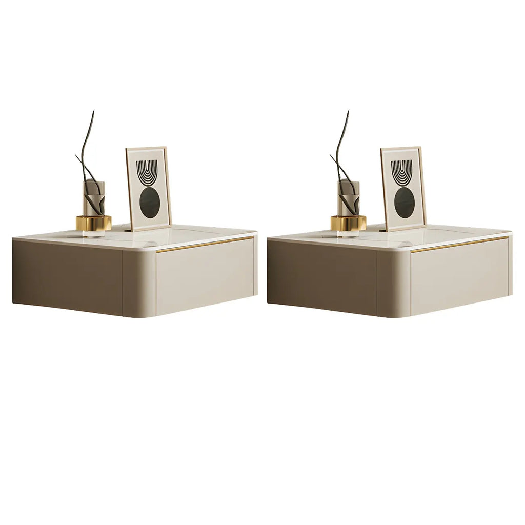 Table de chevet flottante basse en cuir beige avec plateau en pierre et tiroir