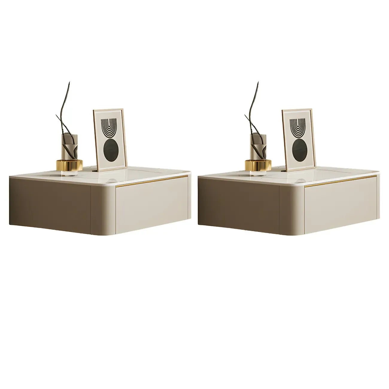 Table de chevet flottante basse en cuir beige avec plateau en pierre et tiroir