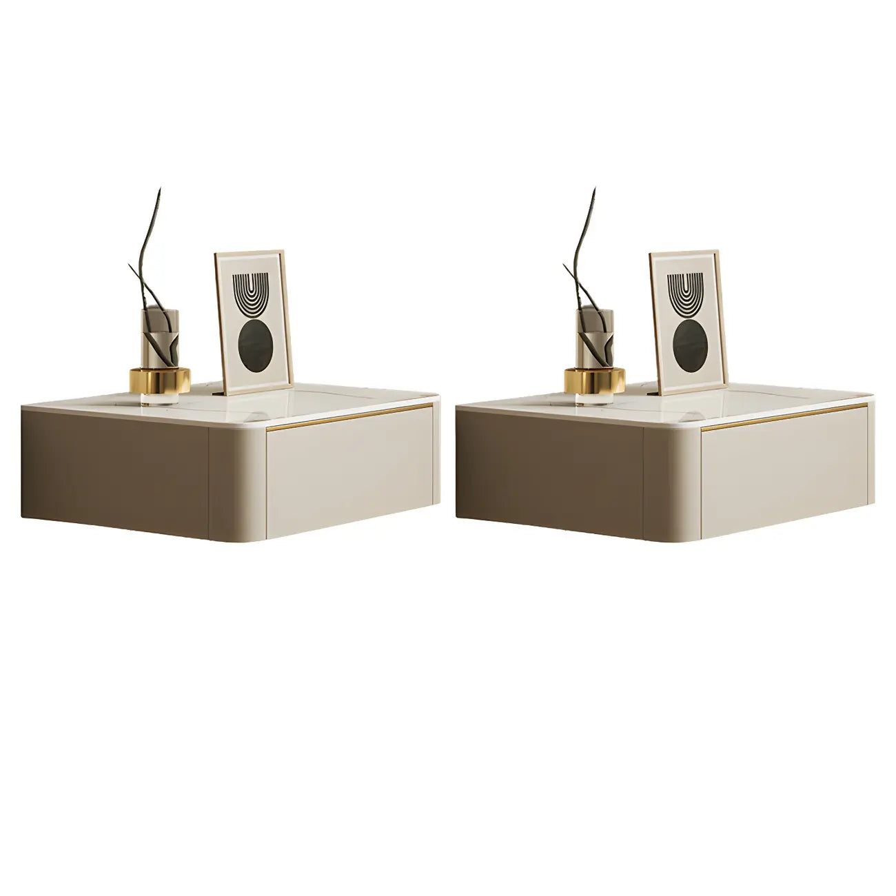 Table de chevet flottante basse en cuir beige avec plateau en pierre et tiroir