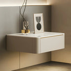 Table de chevet flottante basse en cuir beige avec plateau en pierre et tiroir