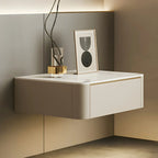 Table de chevet flottante basse en cuir beige avec plateau en pierre et tiroir
