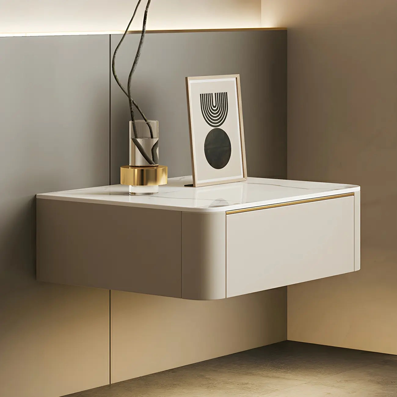 Table de chevet flottante basse en cuir beige avec plateau en pierre et tiroir