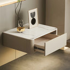 Table de chevet flottante basse en cuir beige avec plateau en pierre et tiroir