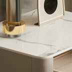 Table de chevet flottante basse en cuir beige avec plateau en pierre et tiroir